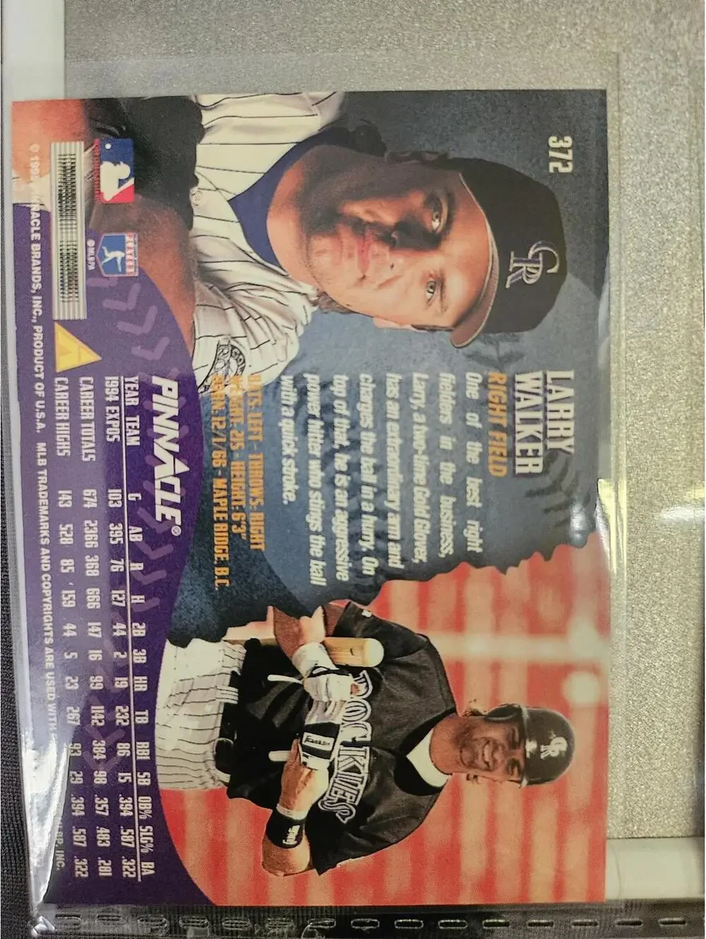 Larry Walker - 1995 Pinnacle #372 Colorado Rockies - HOF - RAW Mint